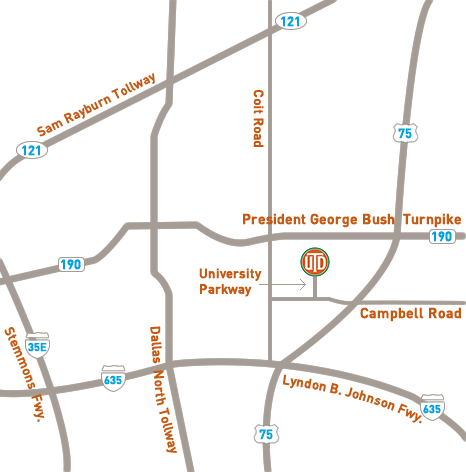 Map showing UTD located on University Parkway between Coit Road, Campbell Road, Interstate 75 and President George Bush Turnpike.